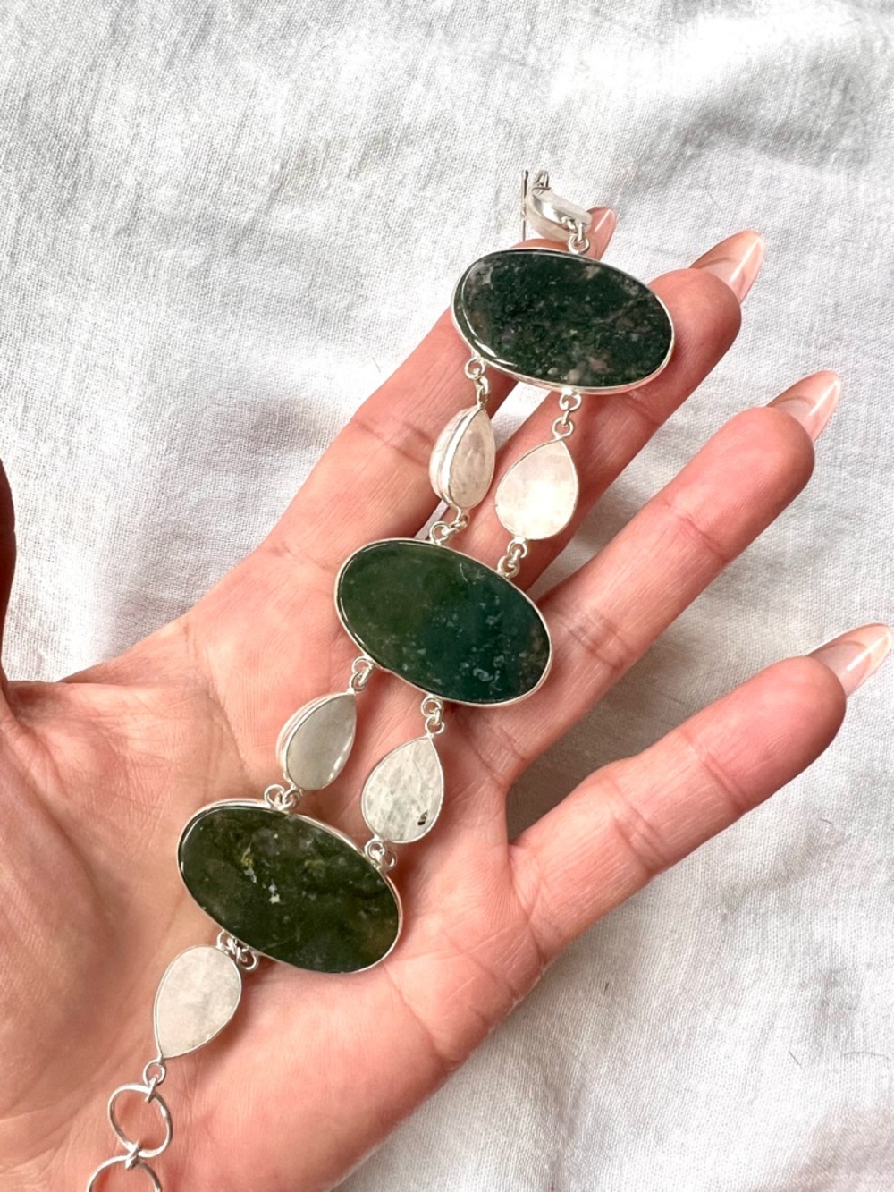 925 Earth Stone MOSS AGATE + Rainbow Moonstone Bracelet 7”-8.5” - Picture 10 of 12